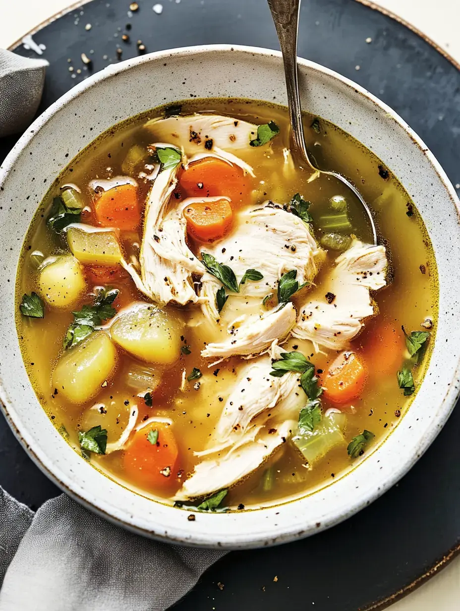 A hearty bowl of chicken soup filled with shredded chicken, carrots, potatoes, and herbs, garnished with parsley and served with a spoon.