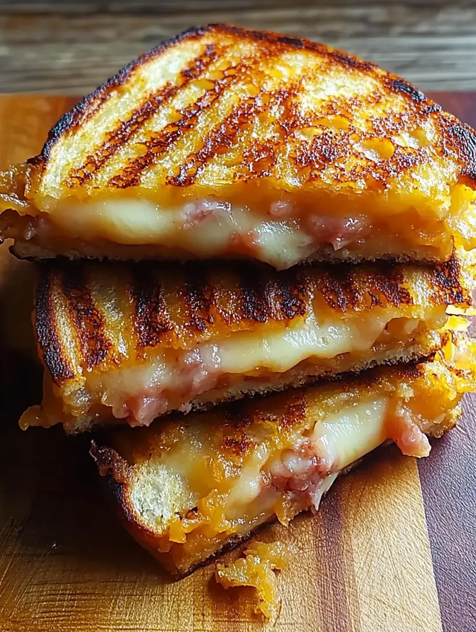 Three golden-brown grilled cheese sandwiches stacked on a wooden cutting board, slightly oozing with melted cheese and ham.