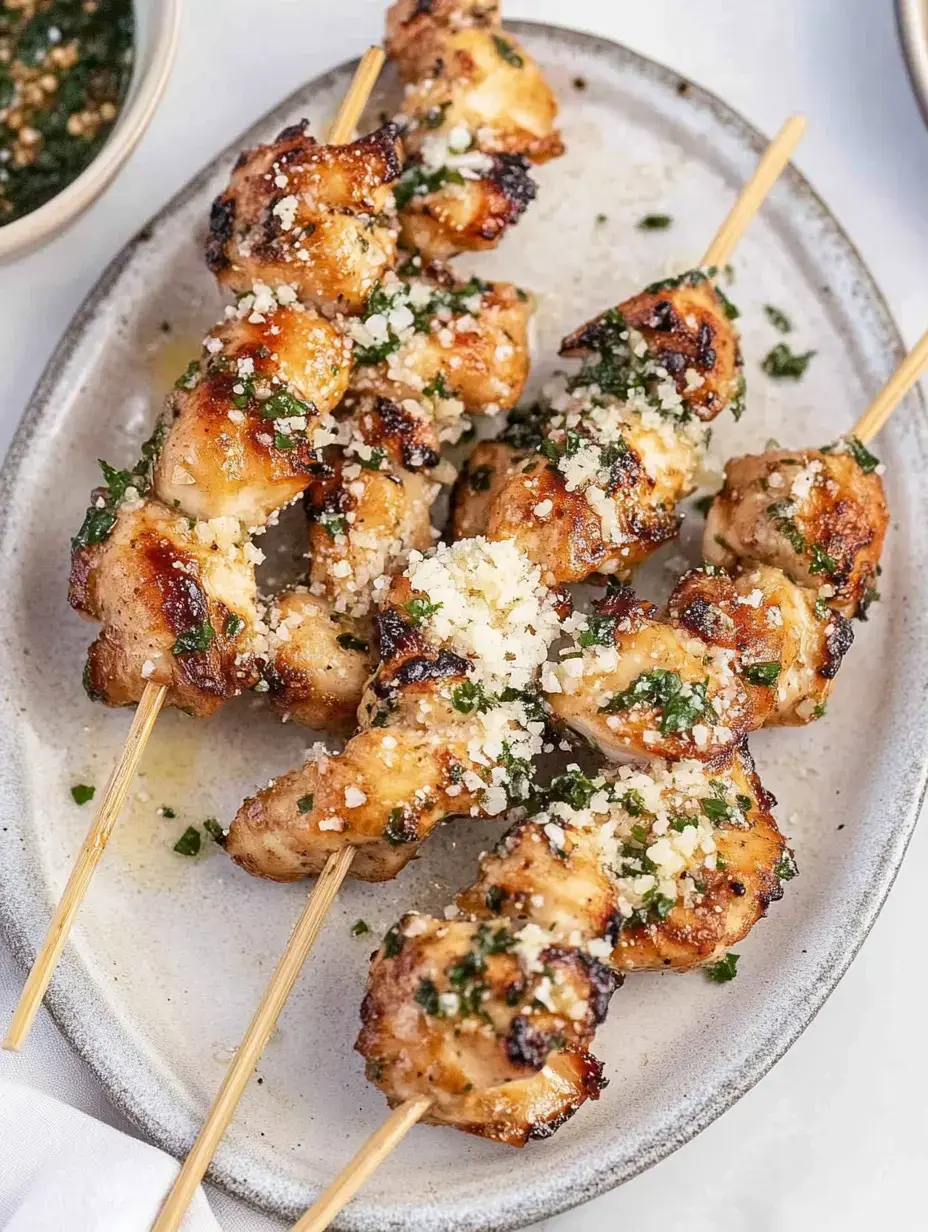 A plate of grilled chicken skewers topped with herbs and grated cheese, accompanied by a small bowl of sauce in the background.