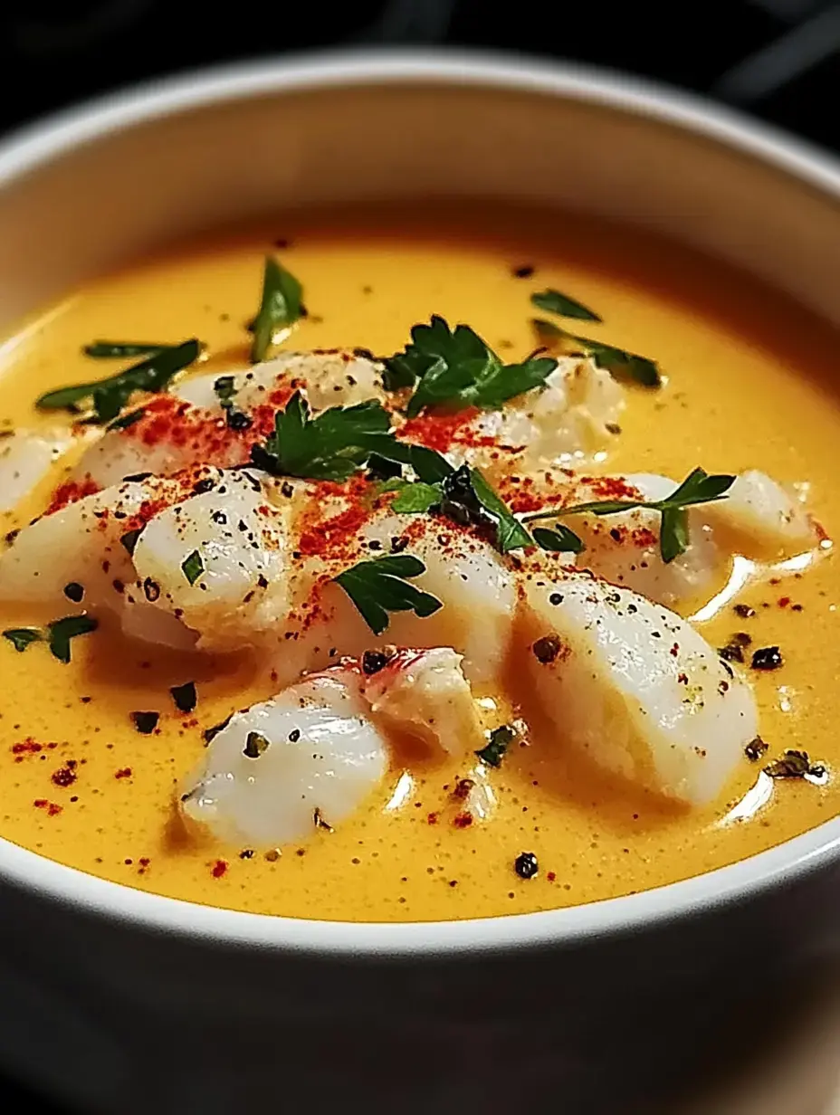 A bowl of creamy soup topped with chunks of seafood, sprinkled with paprika and fresh parsley.