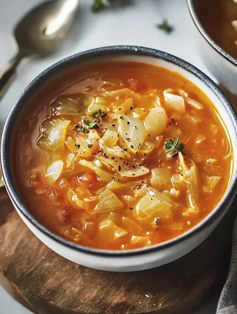 A close-up of a bowl of hearty cabbage soup garnished with black pepper and herbs, sitting on a wooden surface.