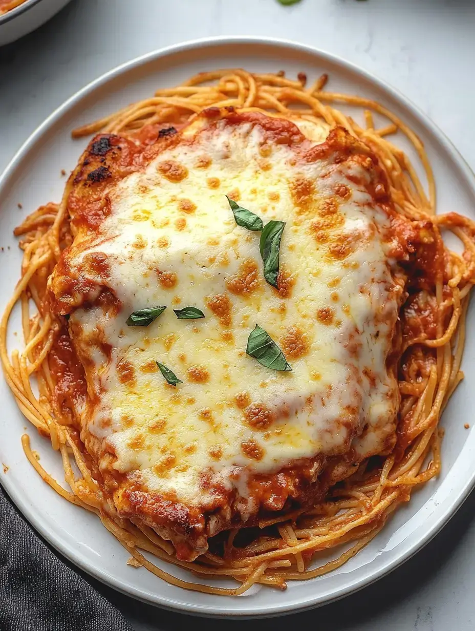 A plate of spaghetti topped with melted cheese and marinara sauce, garnished with fresh basil leaves.