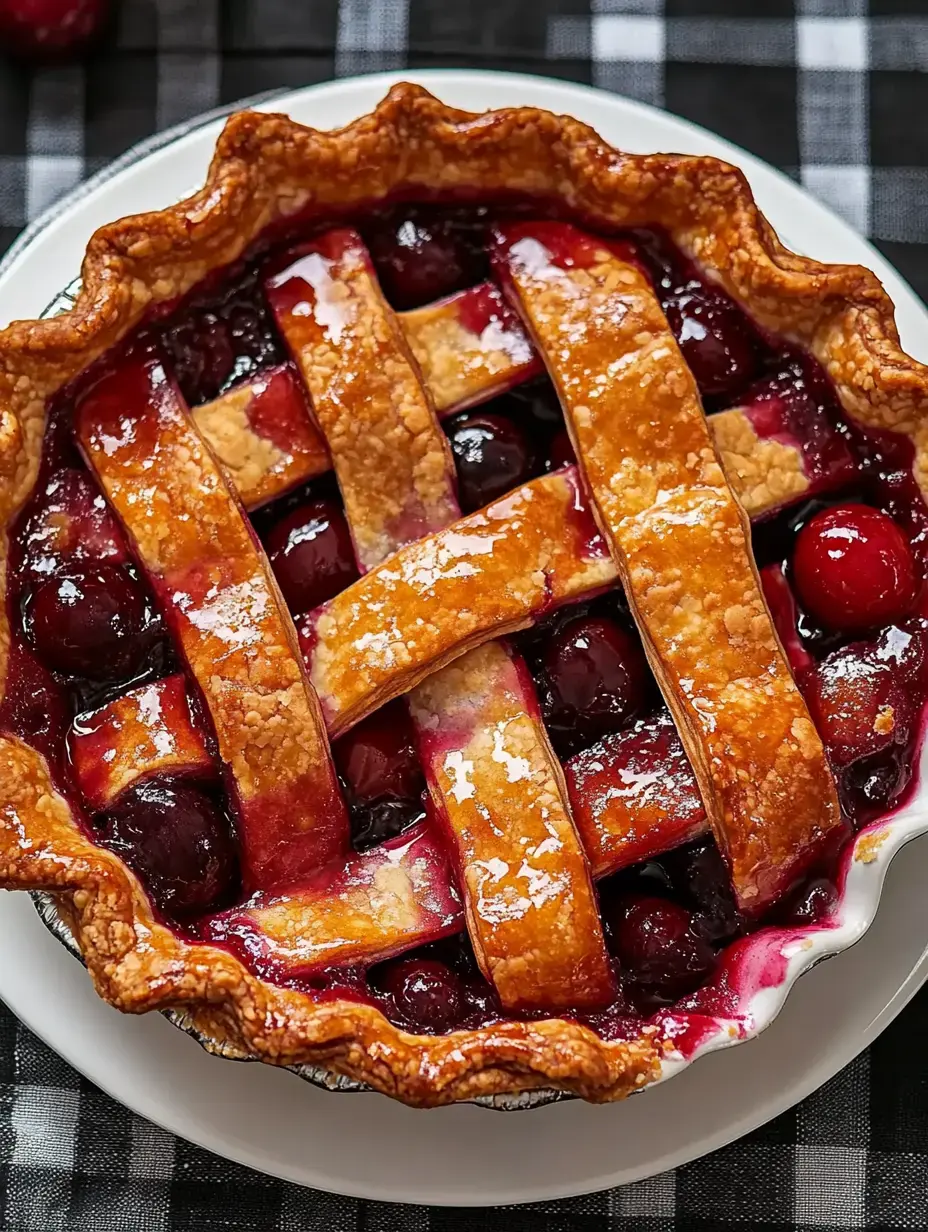 A golden brown lattice-top pie filled with dark cherry filling sits on a white plate against a black and white checkered background.