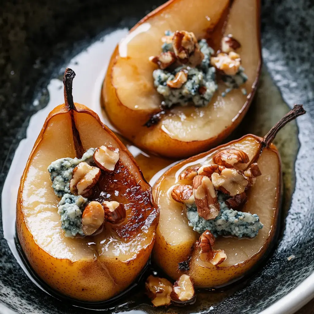 Three baked pear halves topped with blue cheese and chopped nuts on a dark plate.