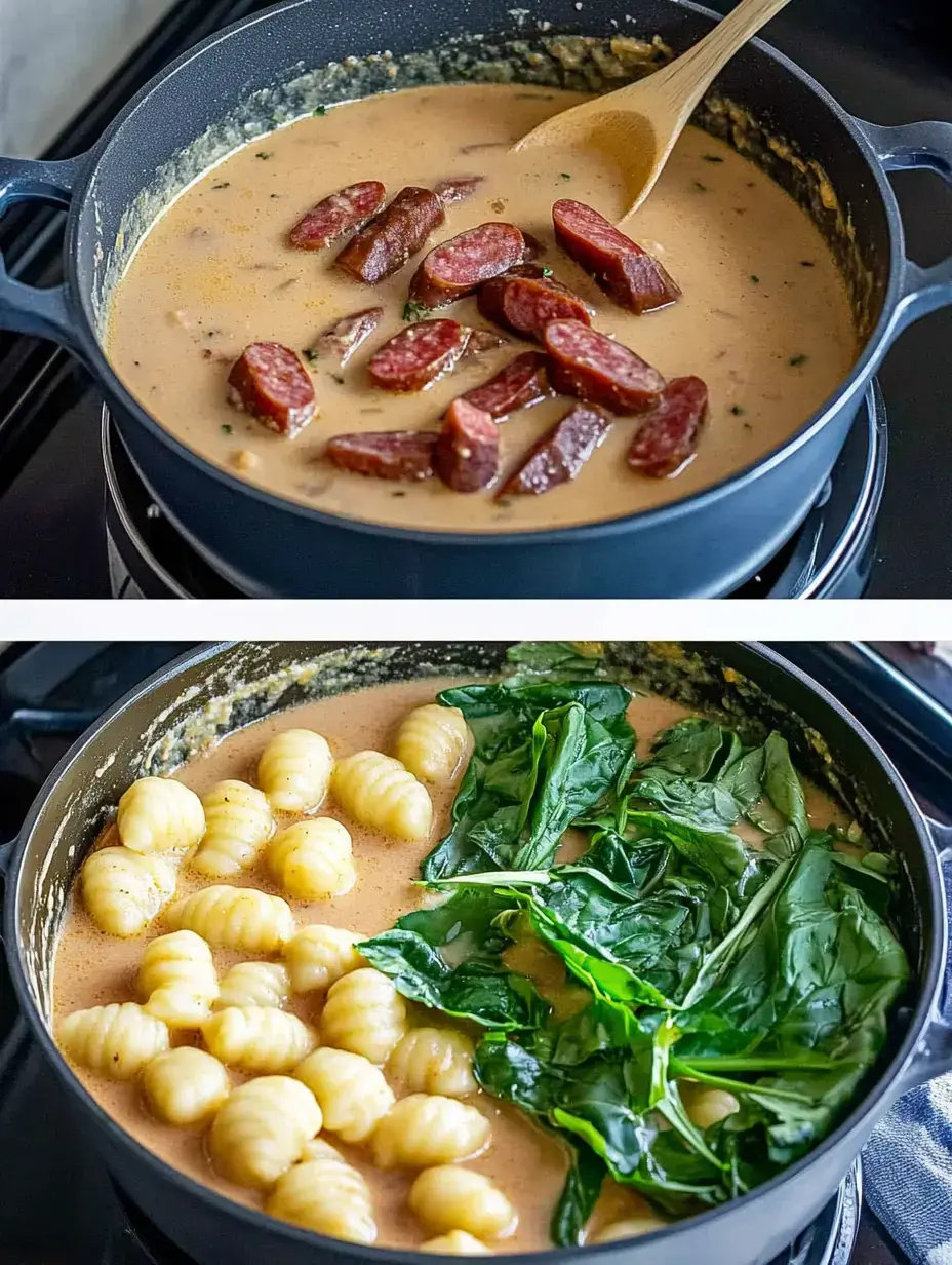 A pot on the stove contains a creamy sauce with sliced sausage, gnocchi, and fresh spinach being cooked.