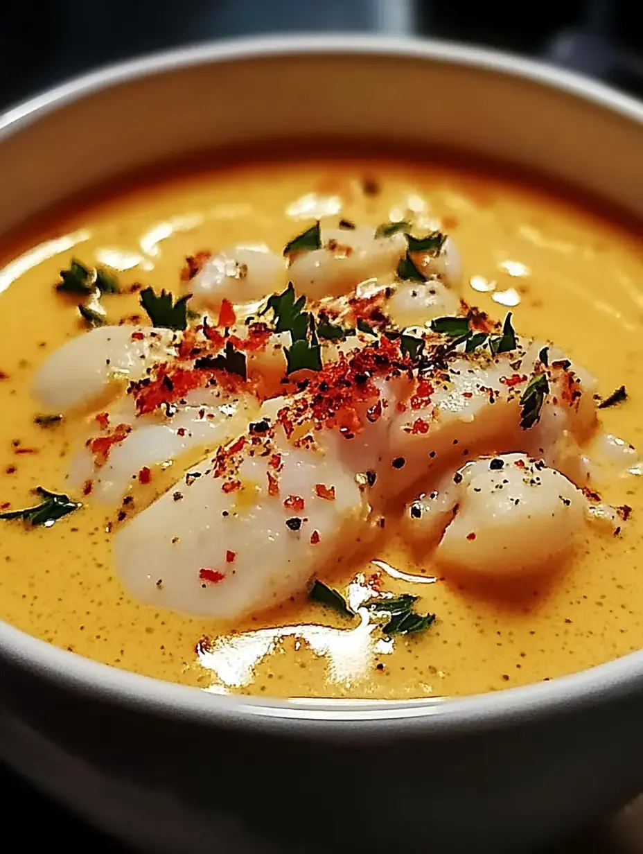 A bowl of creamy soup topped with sliced fish, herbs, and red pepper flakes.