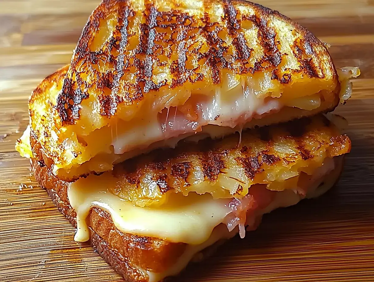 A toasted sandwich with melted cheese and ham, slightly oozing, is stacked on a wooden surface.