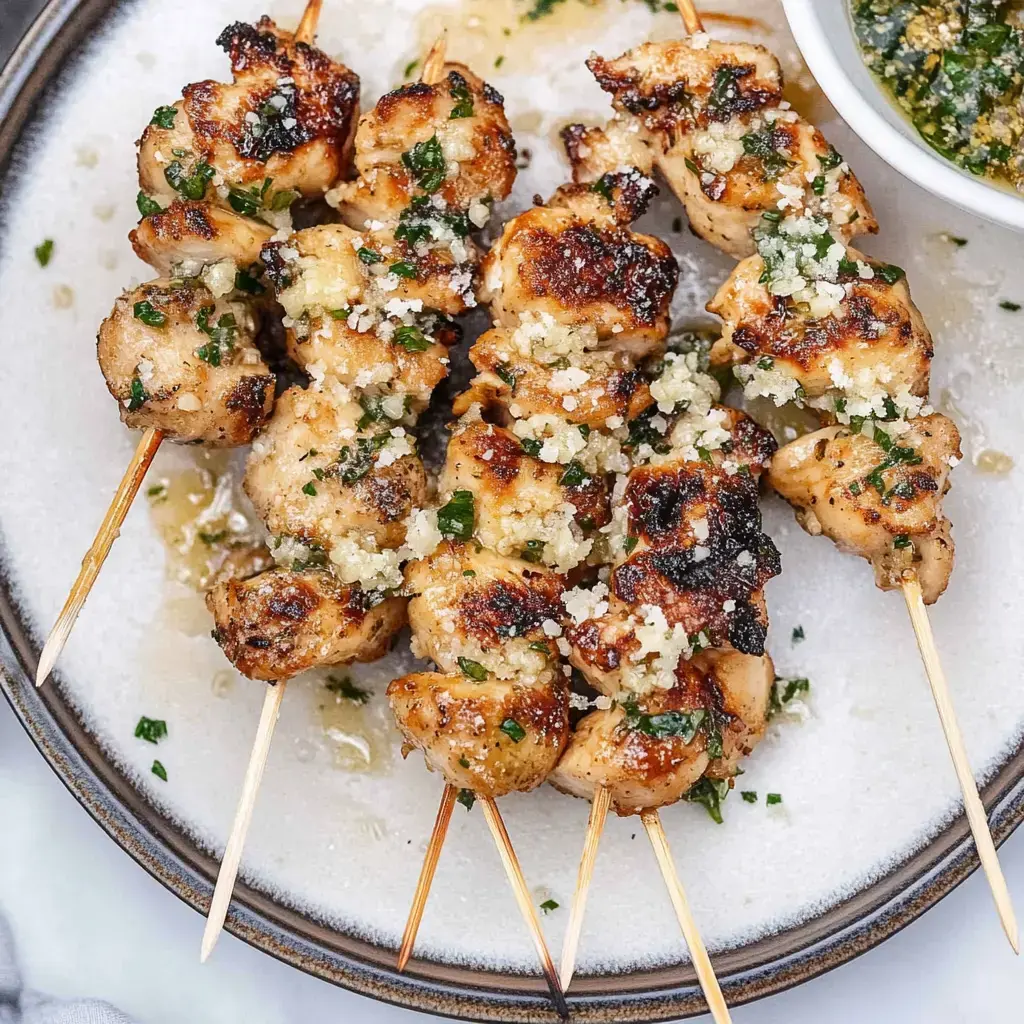 Grilled chicken skewers topped with garlic and herbs are arranged on a plate, accompanied by a small bowl of green sauce.