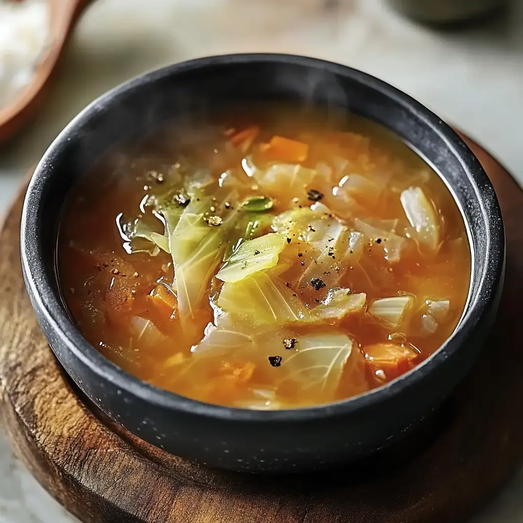 A steaming bowl of vegetable soup with cabbage and carrots, served on a wooden surface.