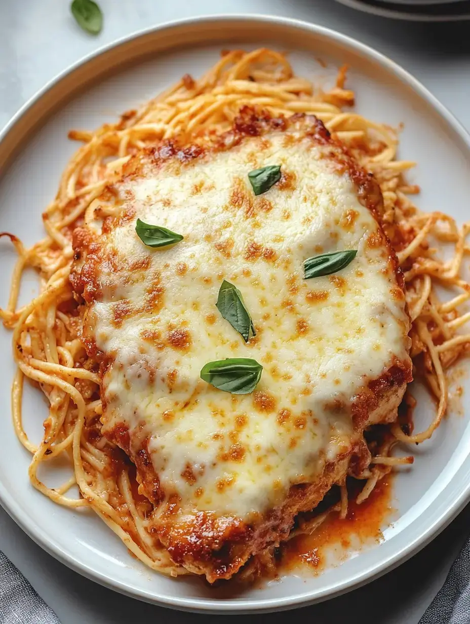 A plate of spaghetti topped with a cheesy breaded chicken cutlet garnished with fresh basil.