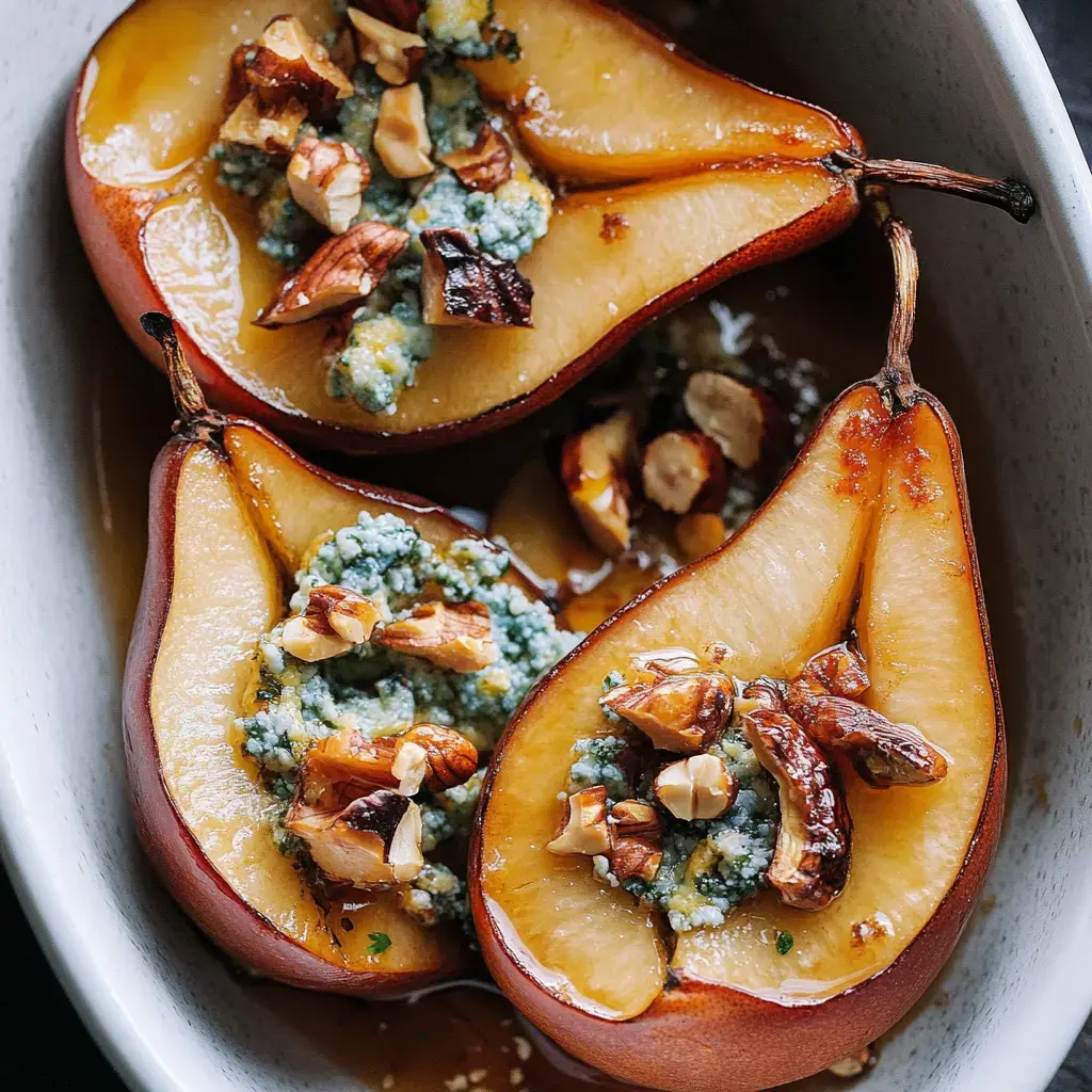 A close-up of baked pears topped with blue cheese and chopped nuts, served in a white dish.