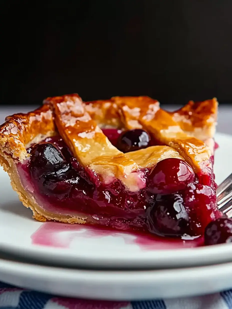 A slice of fruit pie with a golden-brown crust and dark berry filling is presented on a white plate.