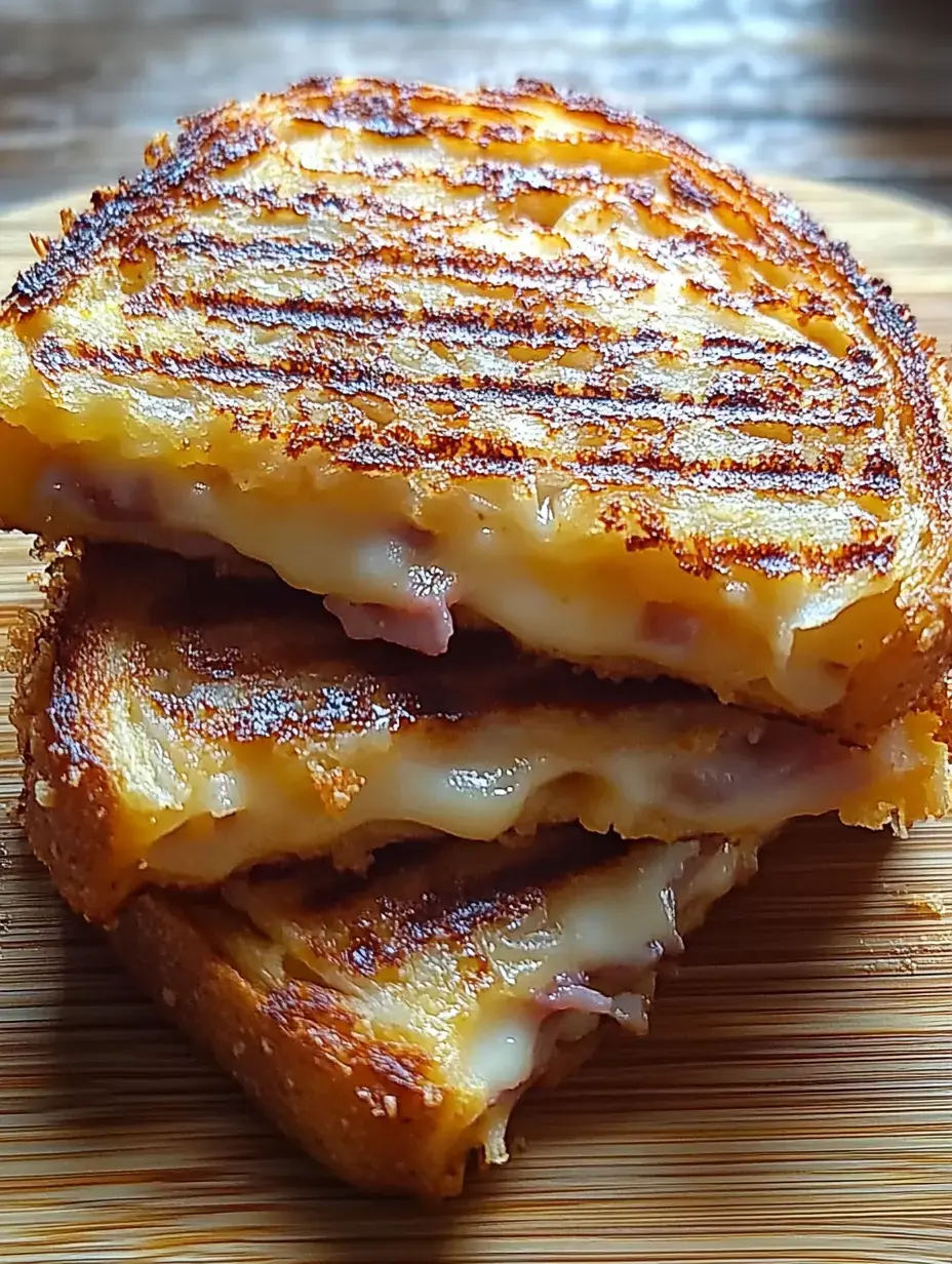 Three grilled cheese sandwiches are stacked on a wooden cutting board, showcasing golden-brown, crispy crusts with melted cheese and ham visible inside.