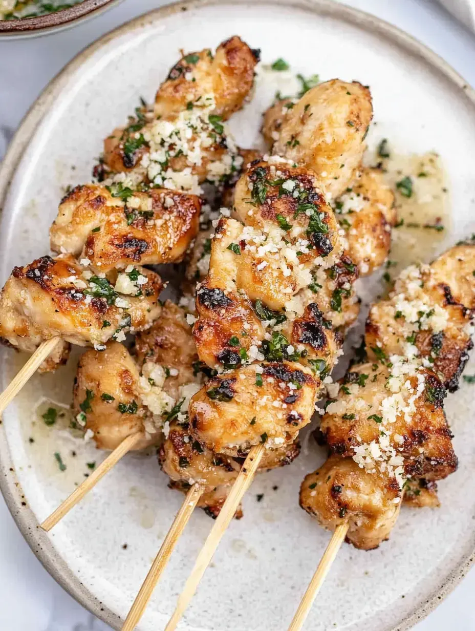 Grilled chicken skewers are garnished with chopped parsley and grated cheese, served on a light-colored plate.