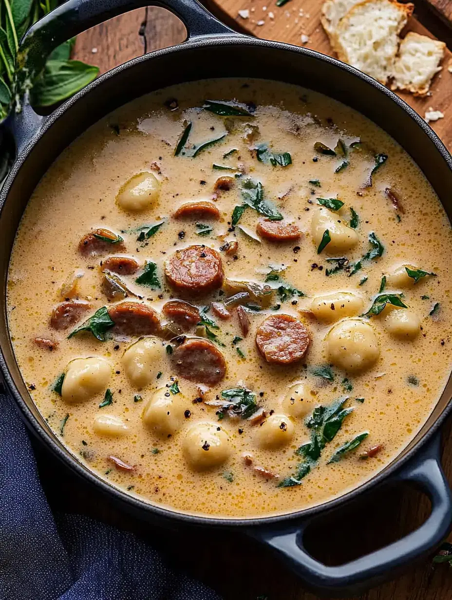 A creamy soup with gnocchi, sausage slices, and fresh greens, served in a dark pot.