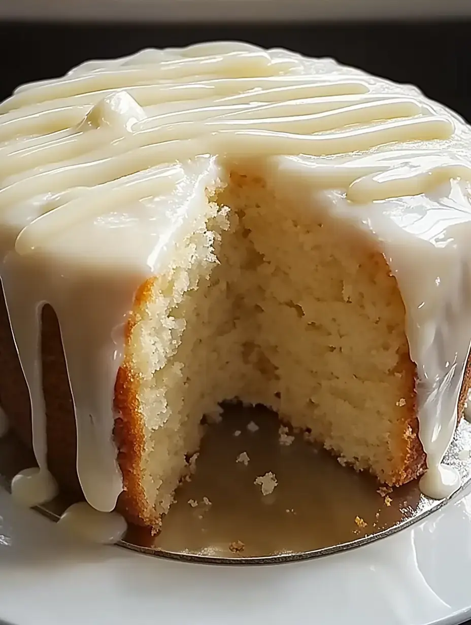 A moist cake with a creamy glaze has a slice cut out, revealing its soft texture.