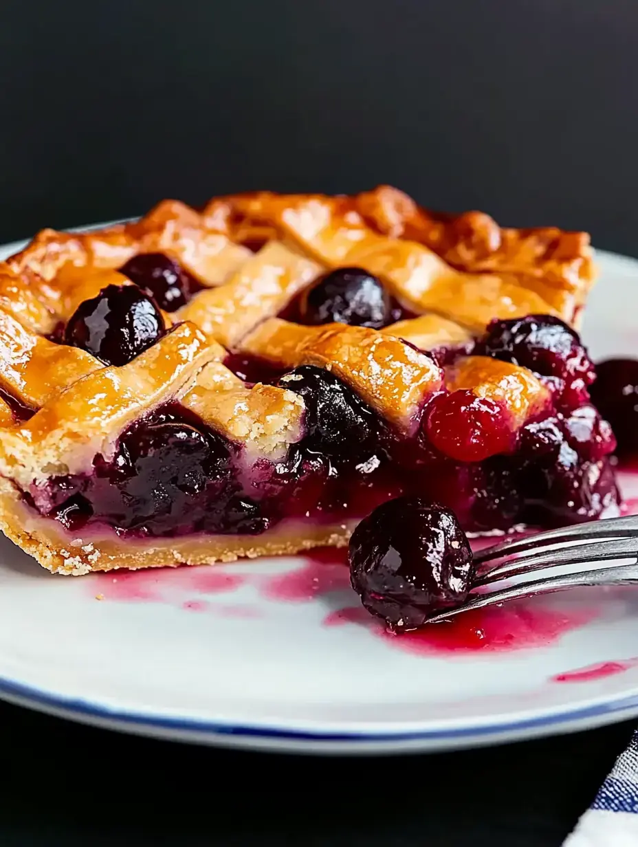 A slice of berry pie with a golden, latticed crust sits on a white plate, showing rich purple filling and scattered berries.