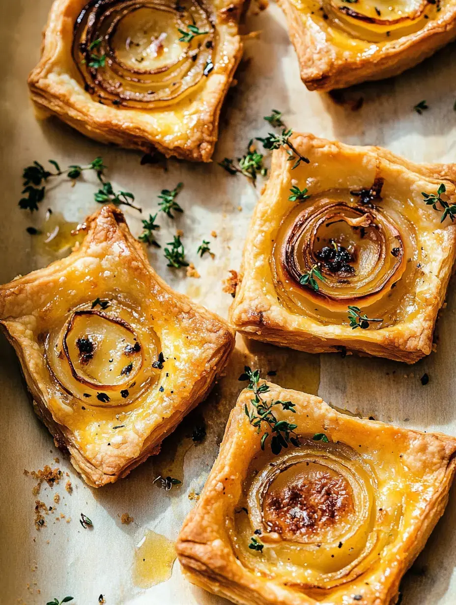 A plate of puff pastry squares topped with caramelized onion slices and garnished with fresh thyme.