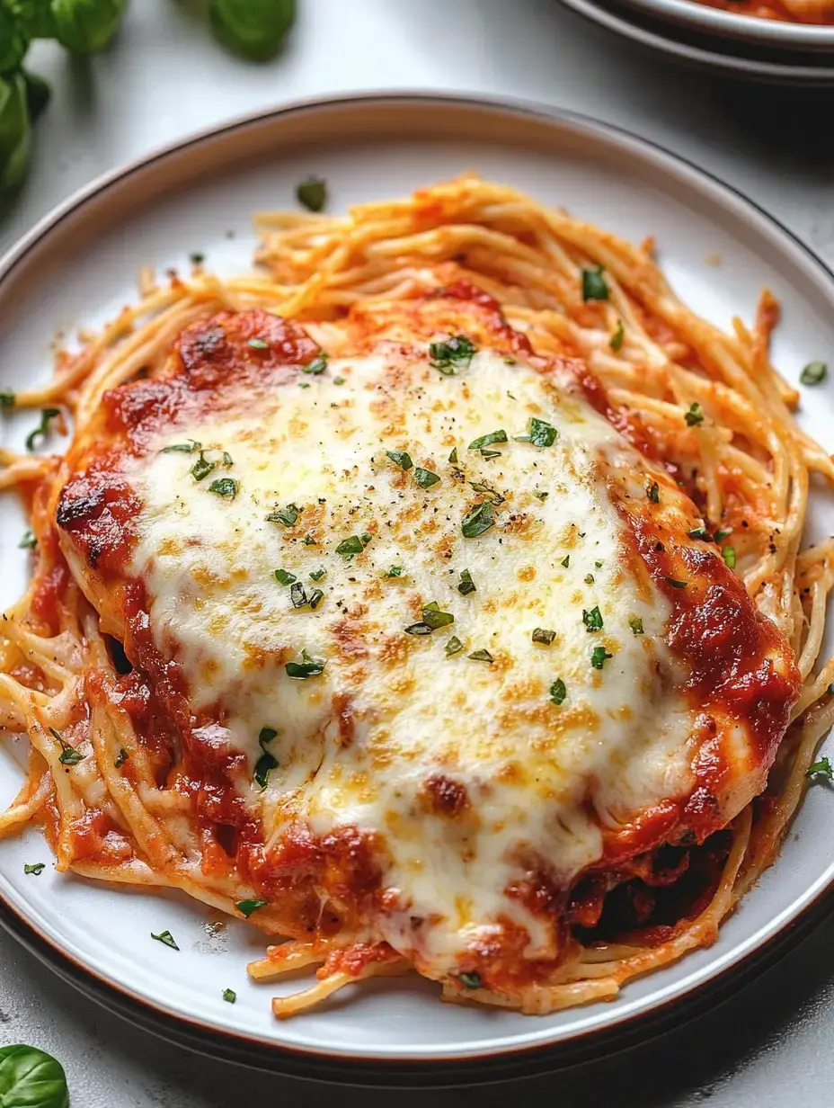 A plate of spaghetti topped with marinara sauce and melted cheese, garnished with fresh herbs.