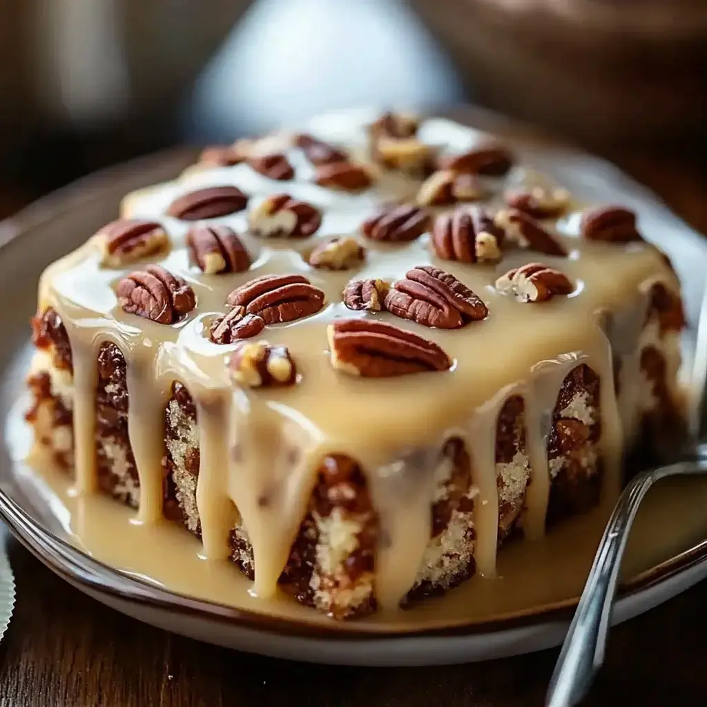 A moist cake topped with a creamy glaze and garnished with pecans on a dark plate.