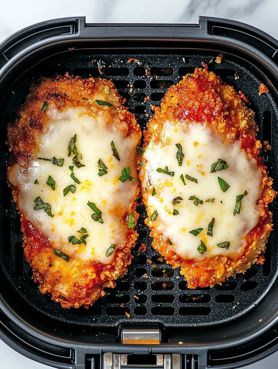 Two crispy chicken breasts topped with melted cheese and chopped basil in an air fryer basket.