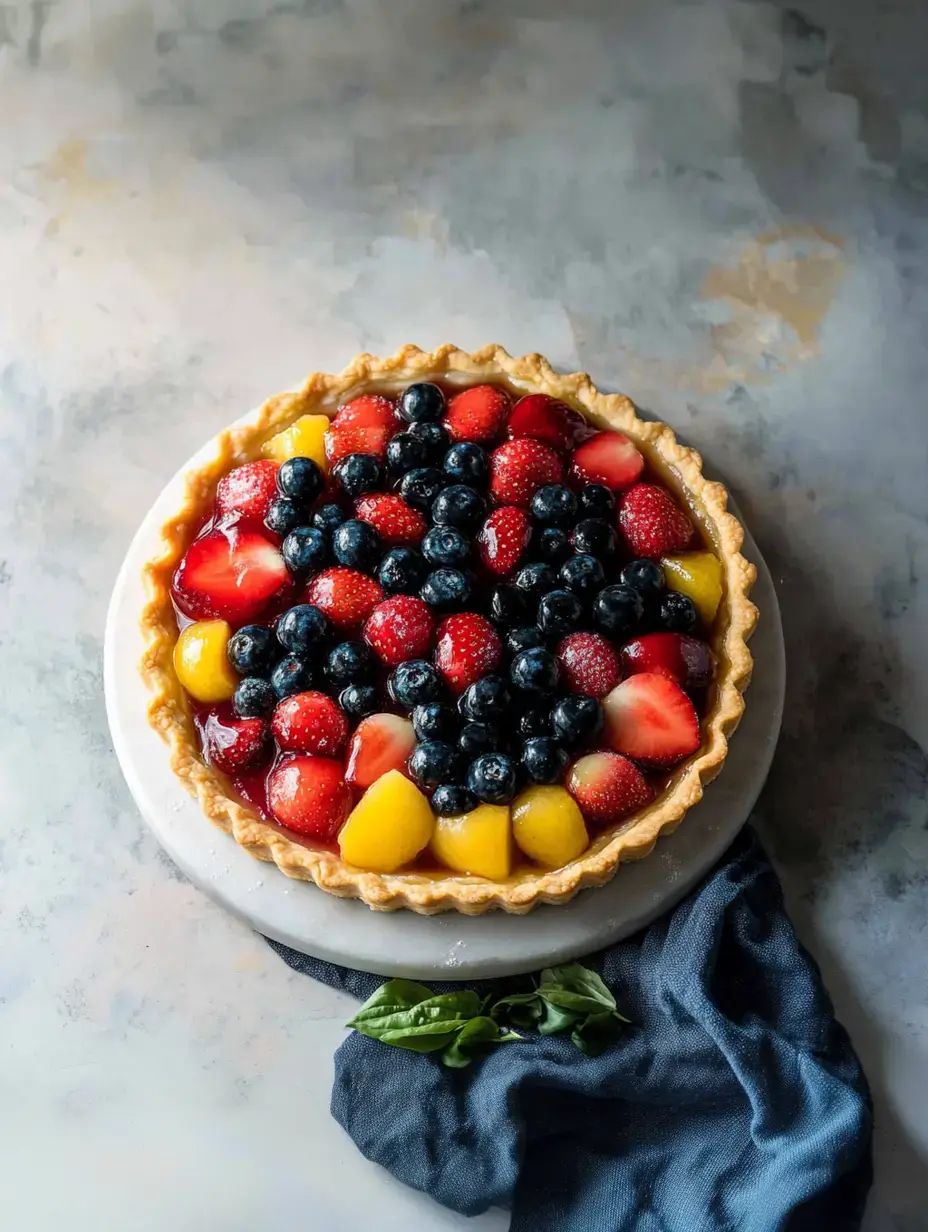 A colorful fruit tart topped with strawberries, blueberries, and peaches sits on a white plate beside a dark blue napkin.