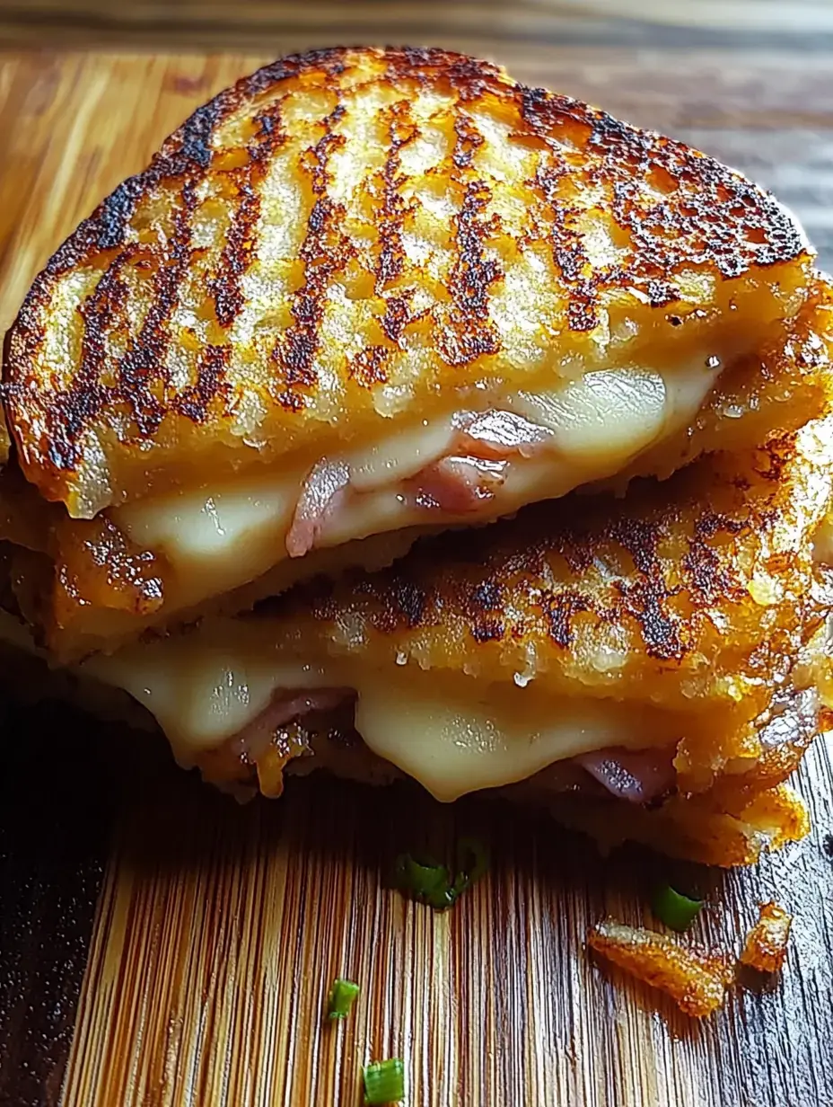 A close-up of a golden-brown grilled cheese sandwich with melted cheese and ham, resting on a wooden cutting board.