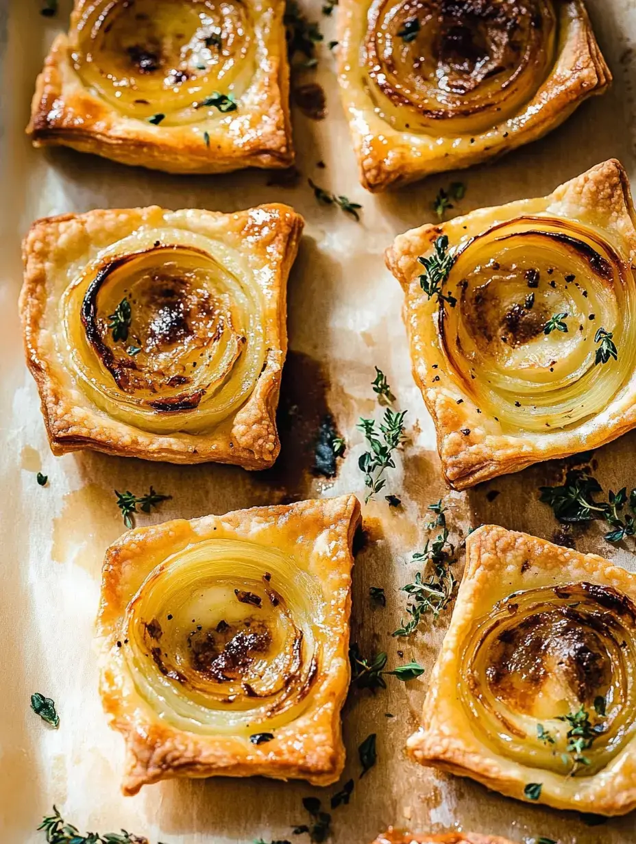 A tray of puff pastry squares topped with caramelized onions and garnished with fresh thyme.