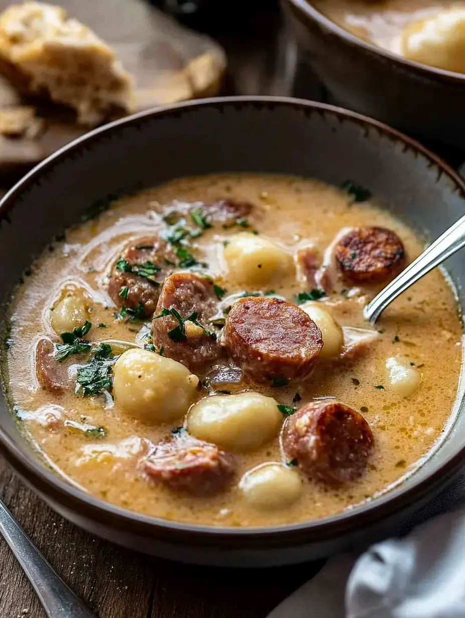 A bowl of creamy soup containing sausage slices and gnocchi, garnished with chopped herbs.