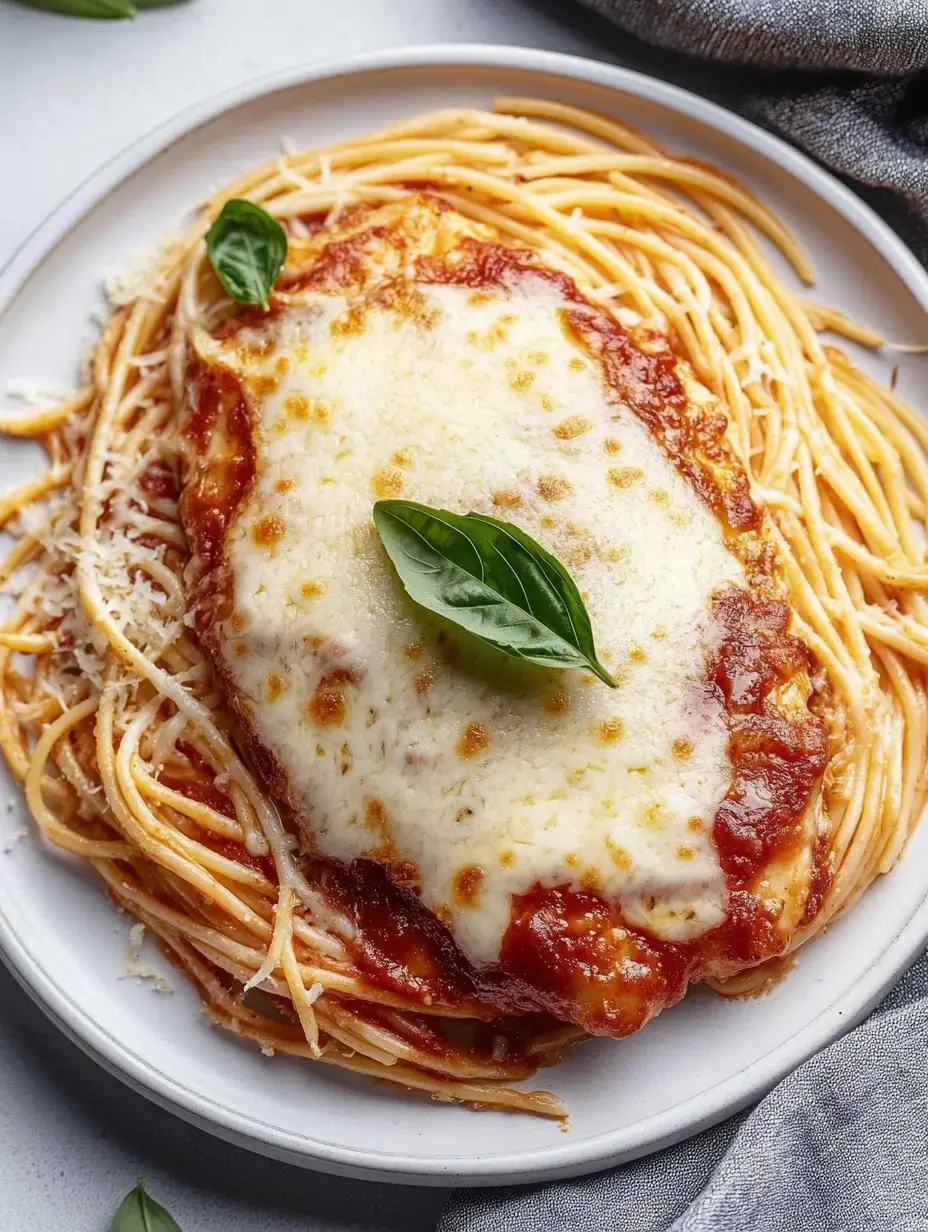 A plate of spaghetti topped with marinara sauce, melted cheese, and fresh basil leaves.