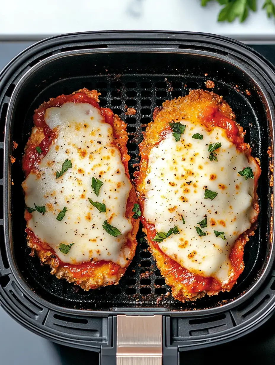 Two breaded chicken breasts topped with marinara sauce and melted mozzarella cheese, garnished with chopped parsley, are placed in an air fryer basket.