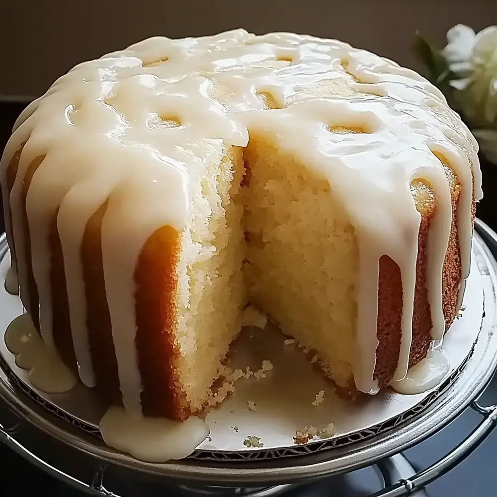 A moist, round cake with a glossy white glaze has a slice cut out, revealing its soft interior.