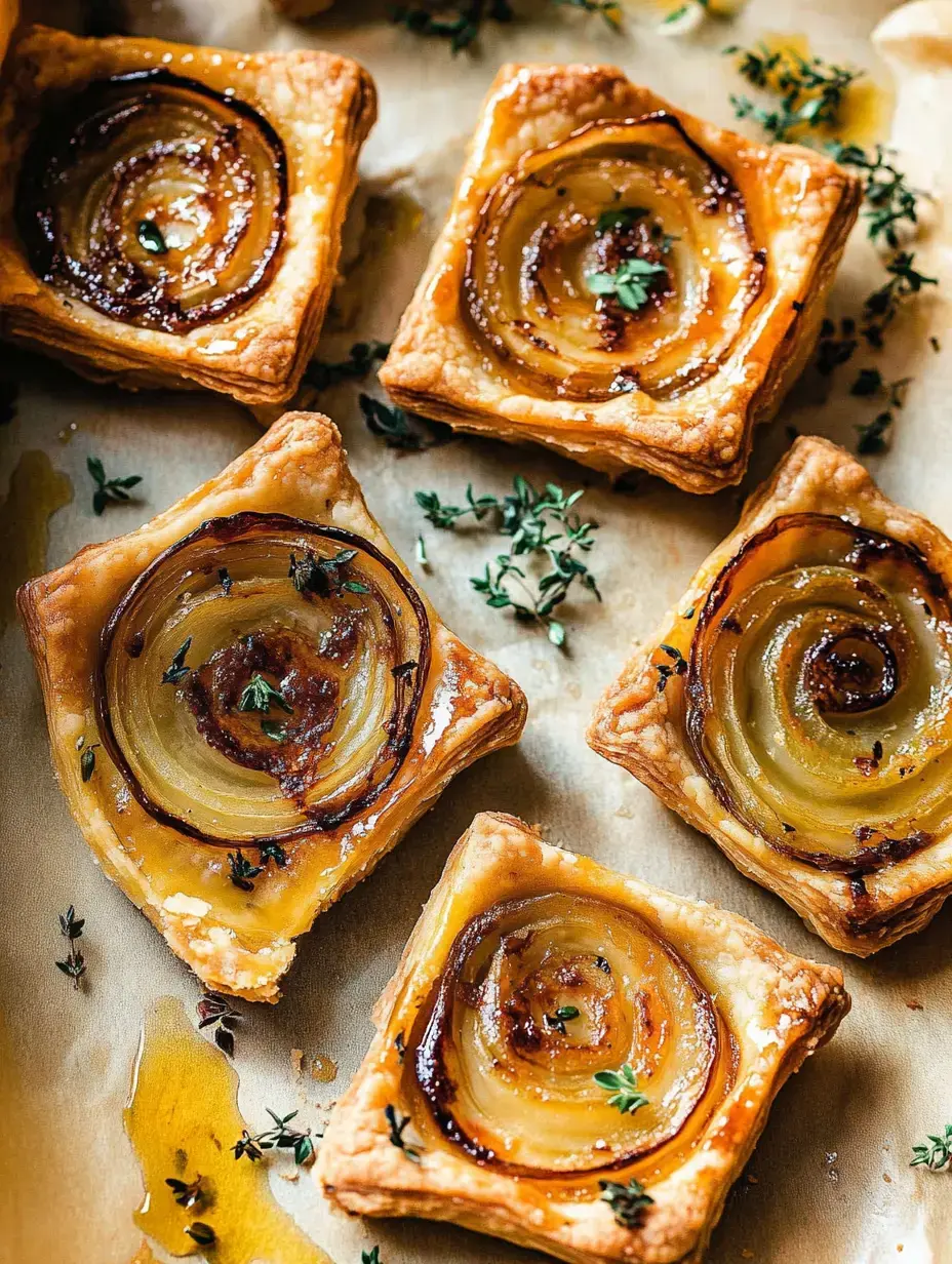 A plate of puff pastry squares topped with caramelized onion spirals and garnished with fresh thyme.