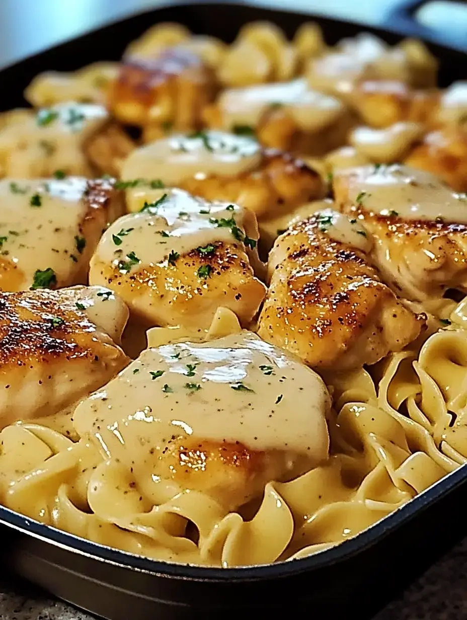 A close-up of cooked chicken pieces topped with creamy sauce served over egg noodles in a skillet.