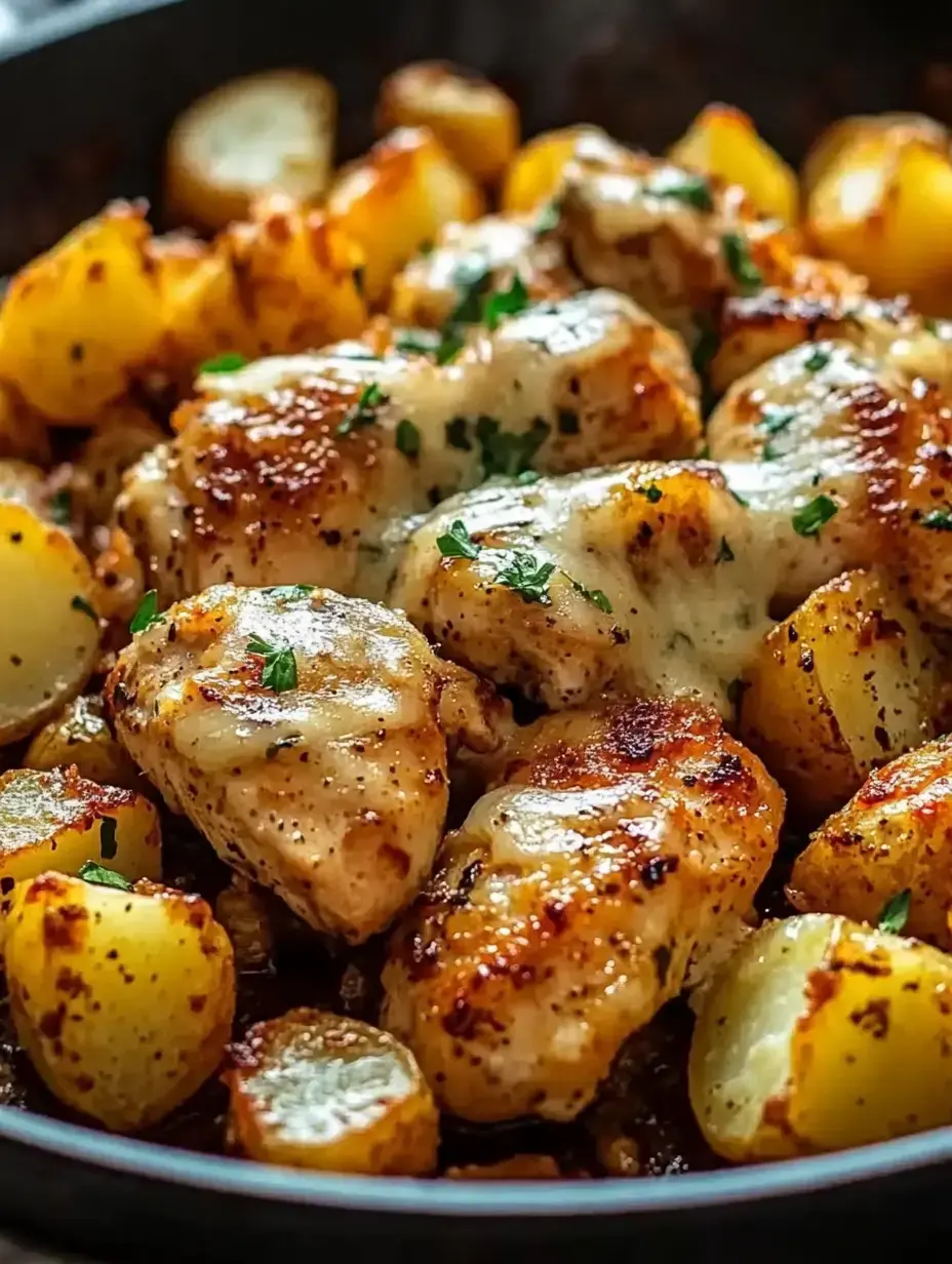 A close-up view of a skillet filled with golden roasted chicken pieces and crispy potatoes, garnished with fresh herbs.