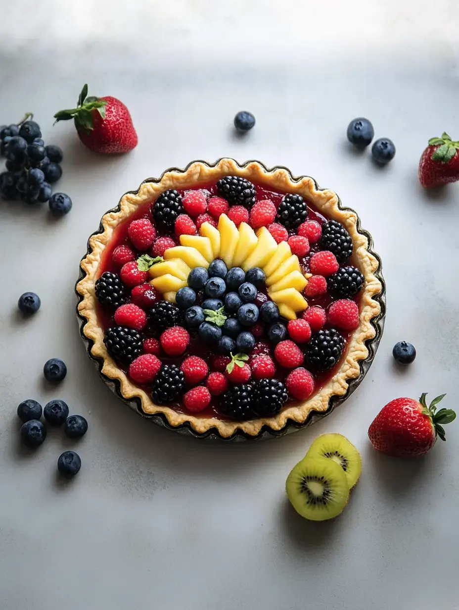 A colorful fruit tart topped with an assortment of strawberries, blueberries, raspberries, blackberries, and sliced mangoes, placed on a light surface with additional fruits scattered around.