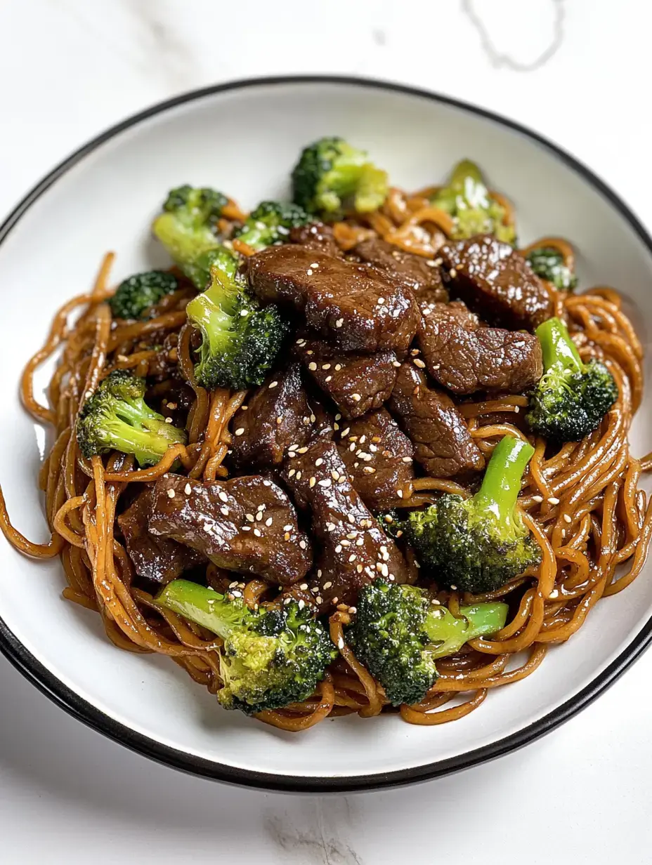 A bowl of noodles topped with tender beef and vibrant broccoli, garnished with sesame seeds.