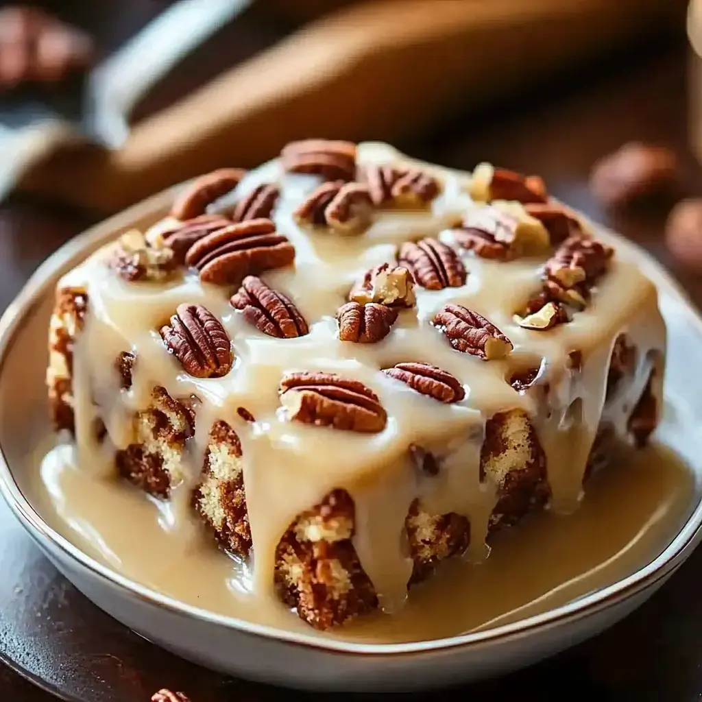 A slice of cake topped with creamy frosting and pecans is displayed on a plate.