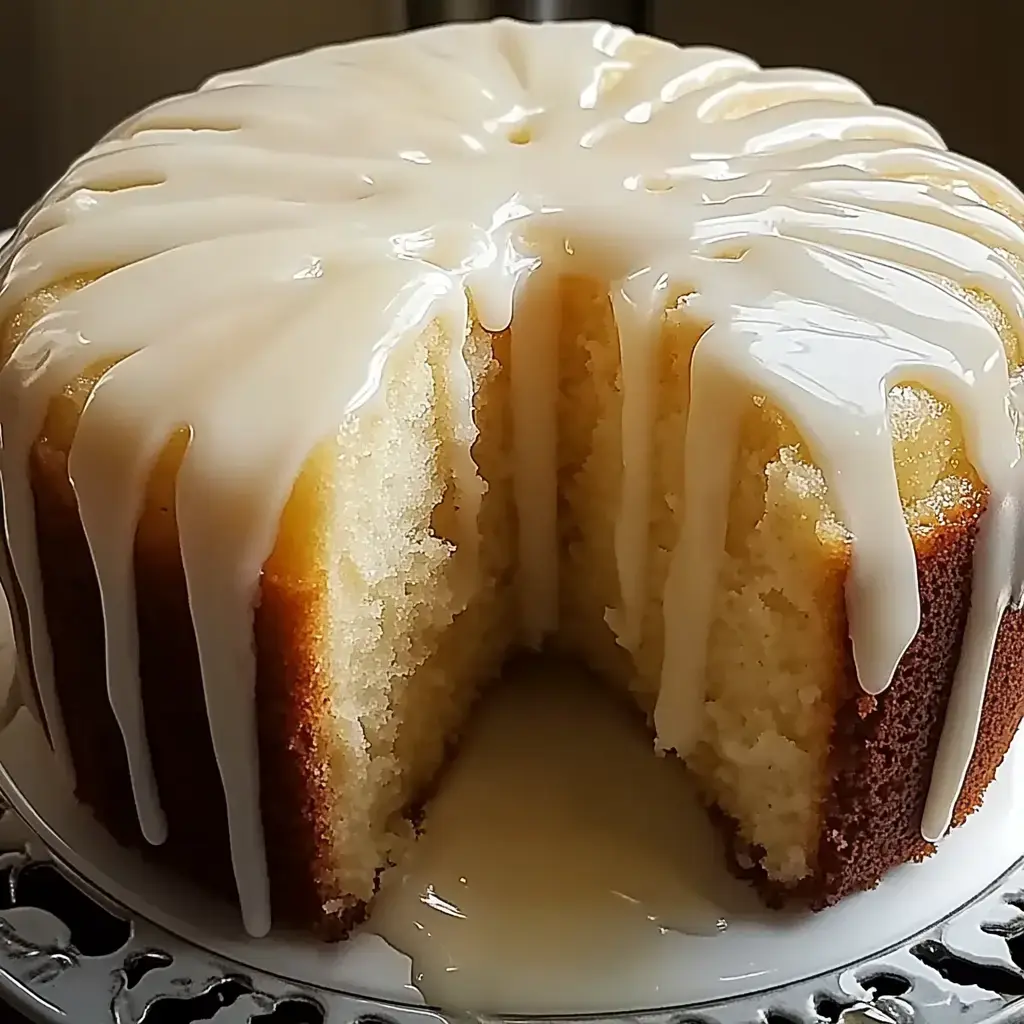 A round, frosted cake with a slice missing, revealing its soft, moist interior and topped with a shiny white glaze.