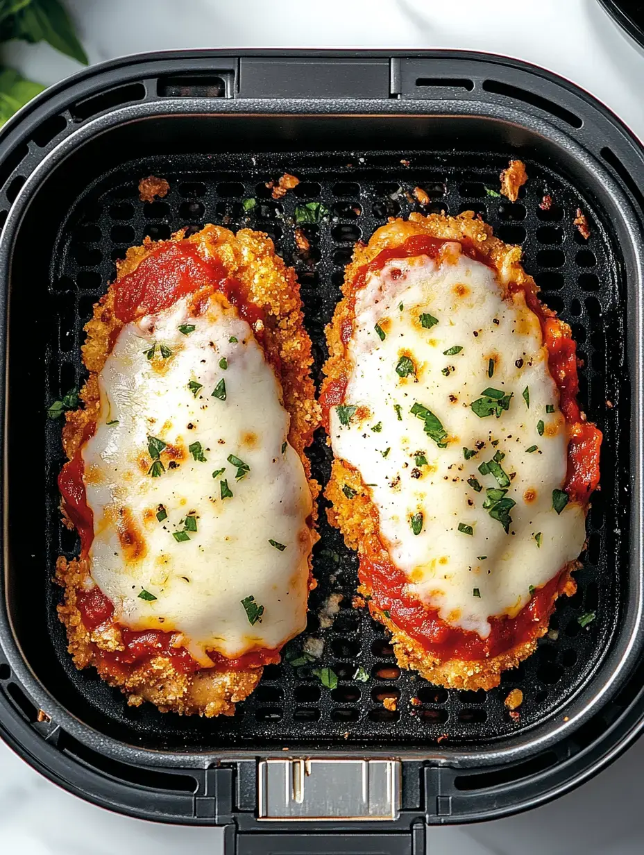 Two golden-brown breaded chicken cutlets topped with marinara sauce and melted cheese, garnished with chopped parsley, sit in an air fryer basket.