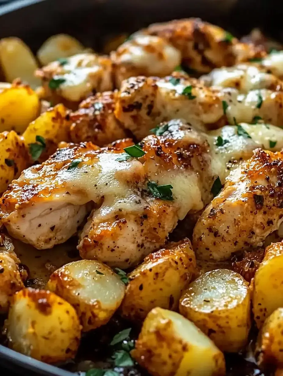 A close-up of baked chicken breasts topped with melted cheese, served alongside roasted golden potatoes and garnished with fresh parsley.