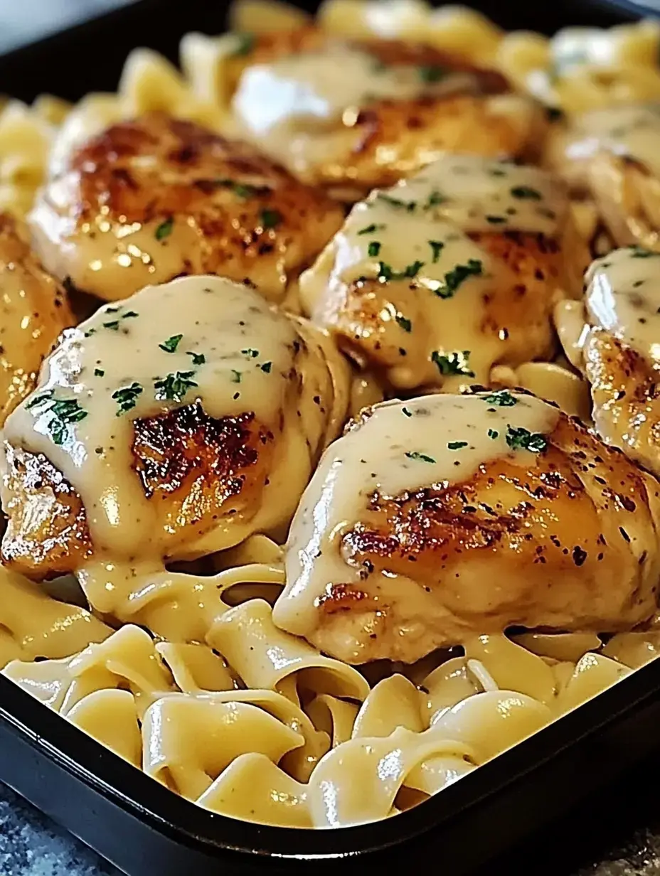 A close-up of grilled chicken thighs topped with creamy sauce, served over a bed of egg noodles and garnished with parsley.