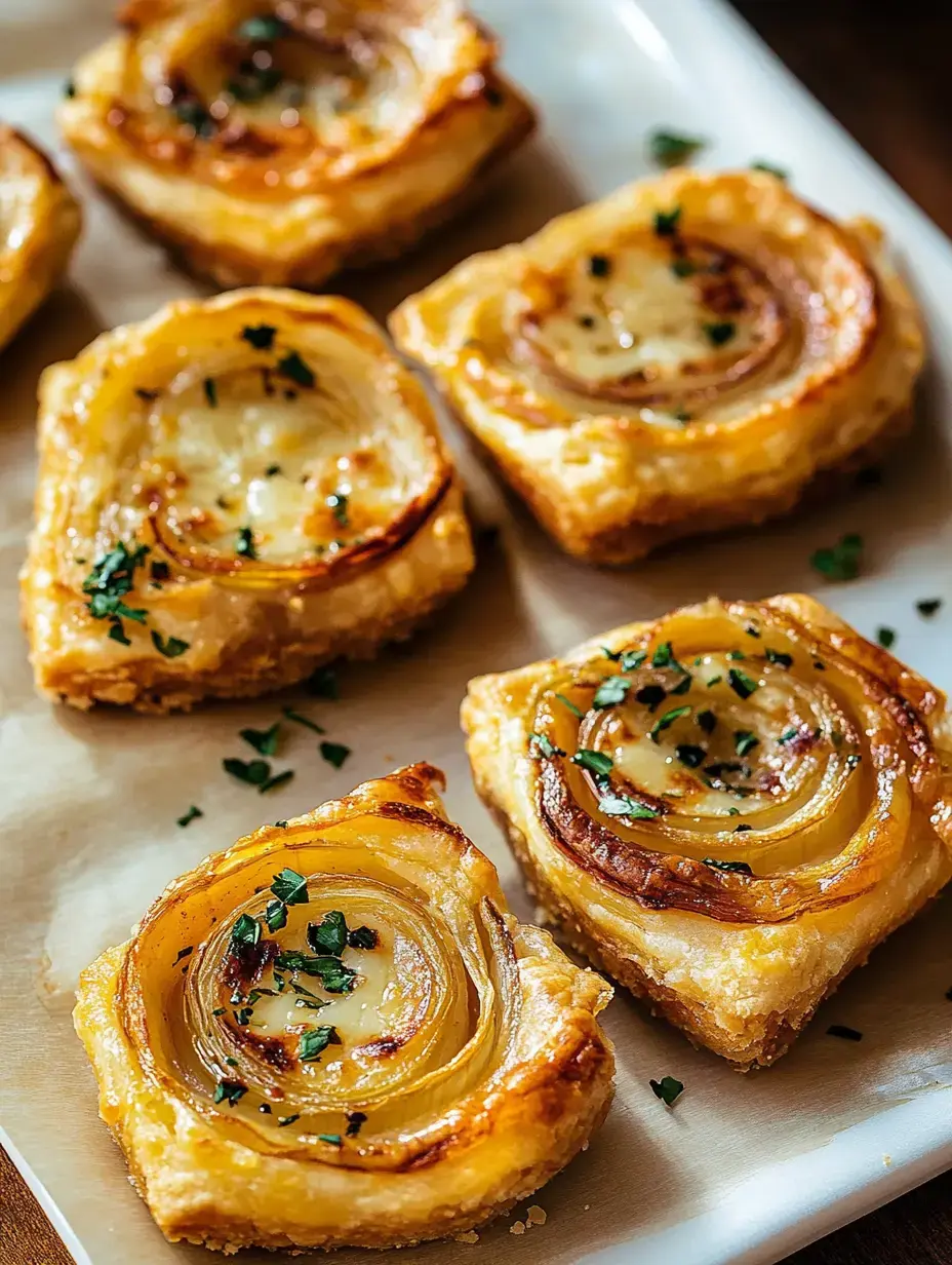 A close-up view of golden-brown pastry squares topped with caramelized onion spirals and sprinkled with green herbs.