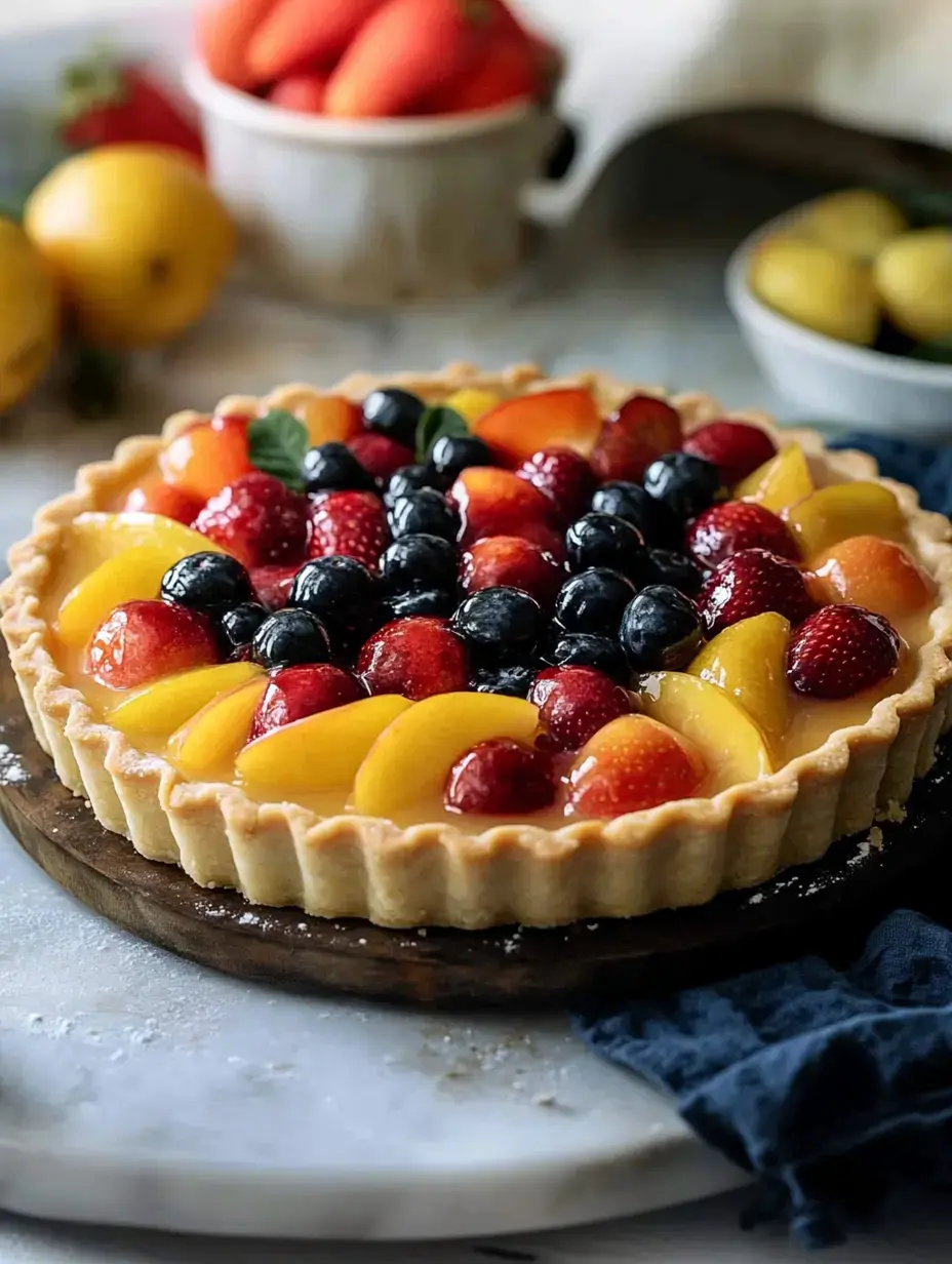 A beautifully arranged fruit tart topped with an assortment of strawberries, blueberries, peaches, and raspberries on a wooden serving board.