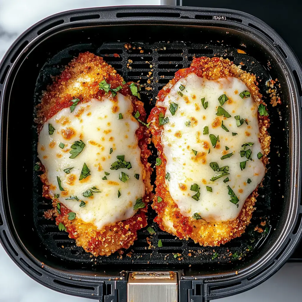 Two breaded chicken cutlets topped with marinara sauce, melted mozzarella cheese, and fresh parsley, placed inside an air fryer.