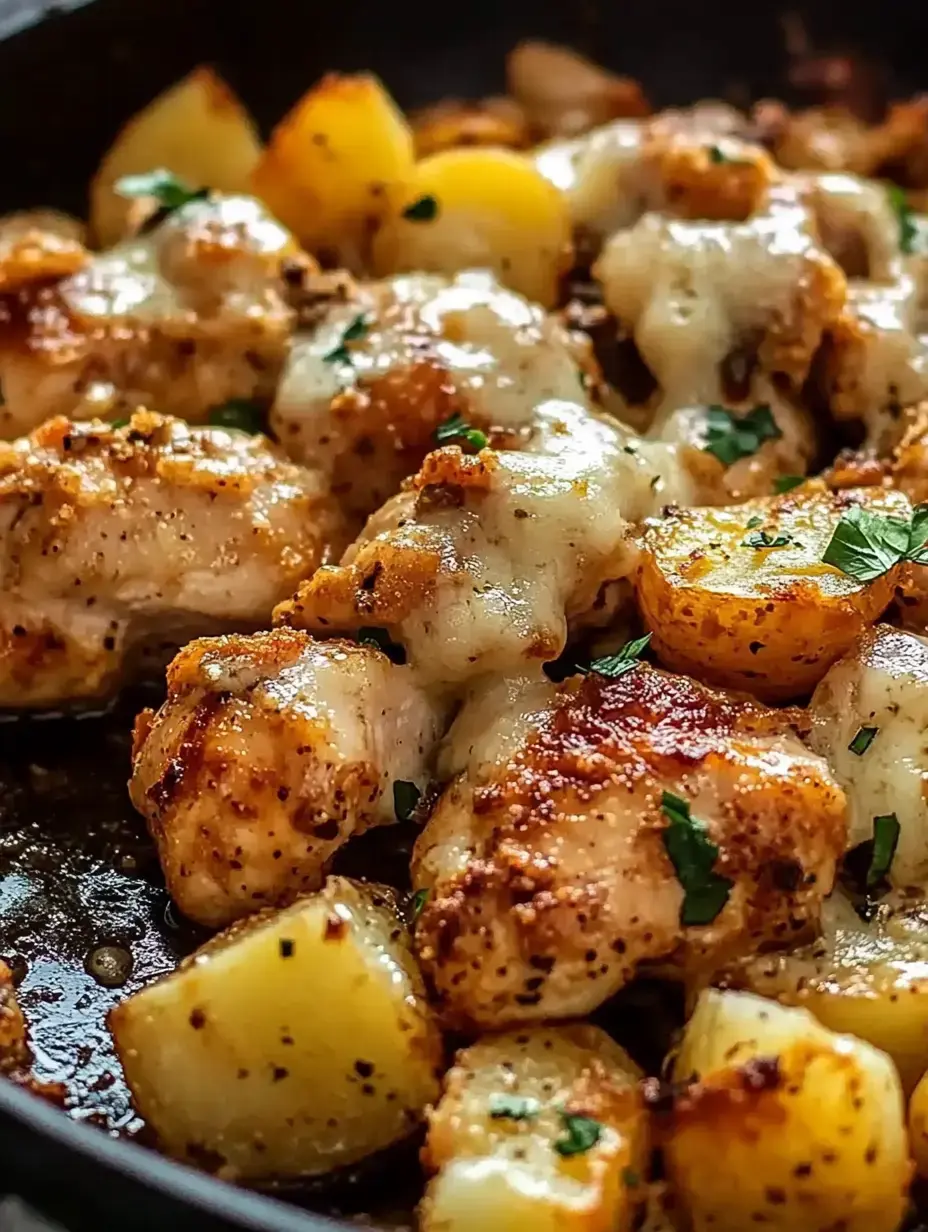 A close-up of seasoned chicken pieces topped with melted cheese and surrounded by golden roasted potatoes, garnished with parsley in a skillet.