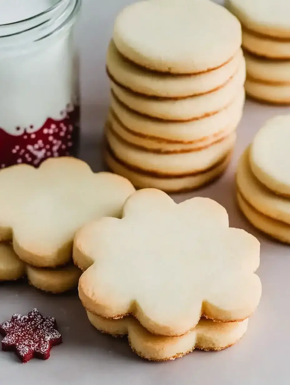 A stack of round and flower-shaped cookies is positioned next to a jar of milk with festive red accents.