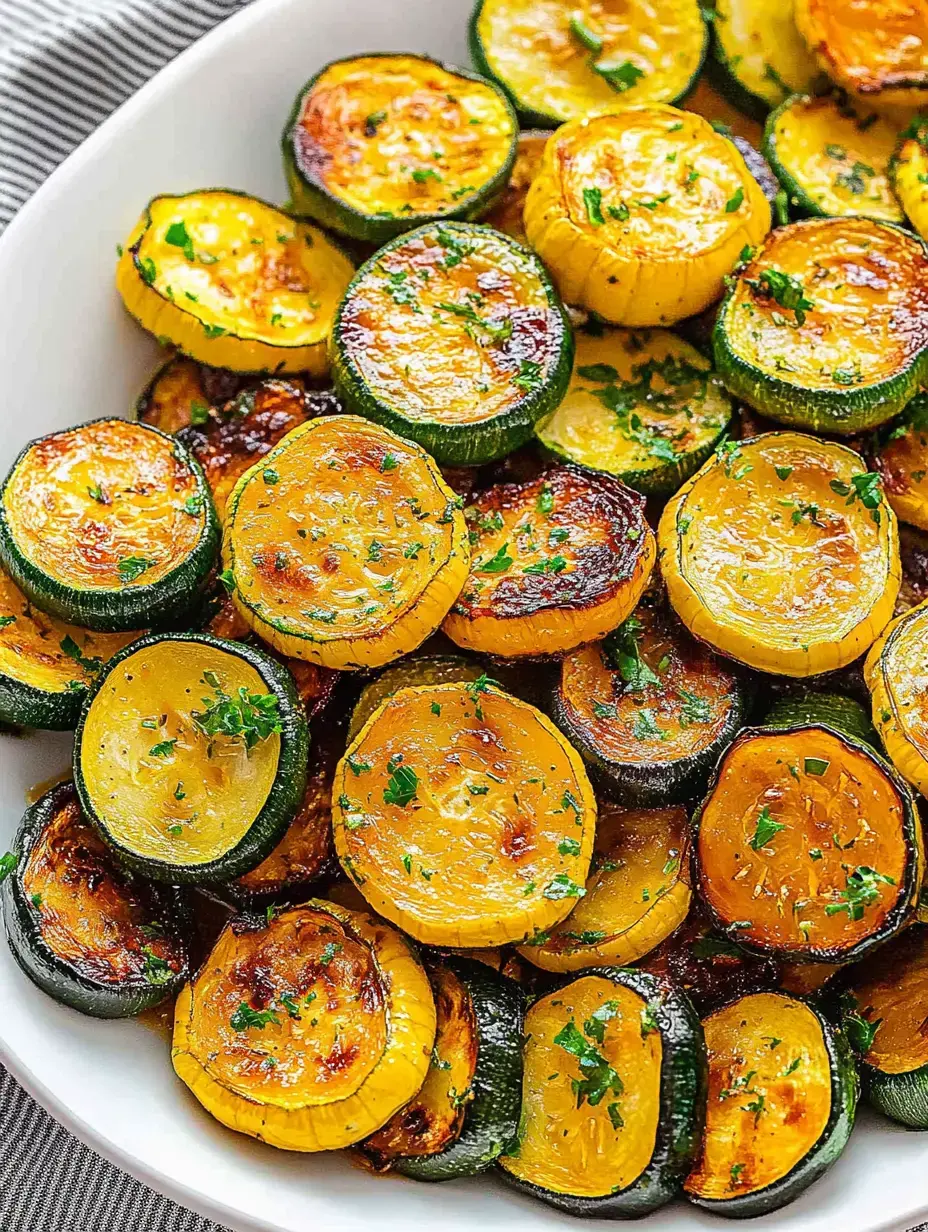 A close-up view of a dish featuring sautéed yellow and green zucchini slices, garnished with parsley.