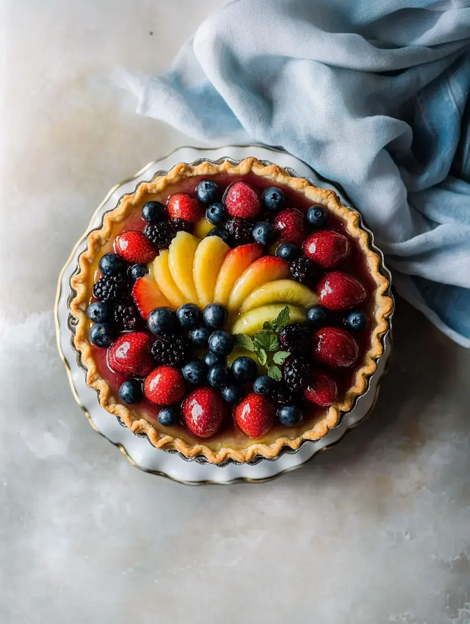 A vibrant fruit tart topped with an array of berries and sliced fruits, placed on a decorative plate with a soft blue cloth in the background.