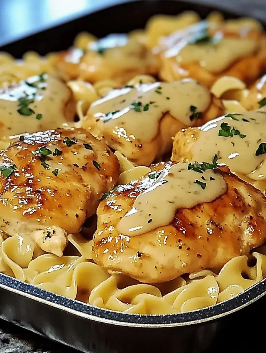 A close-up of a skillet filled with cooked chicken thighs topped with a creamy sauce, served over egg noodles and garnished with parsley.